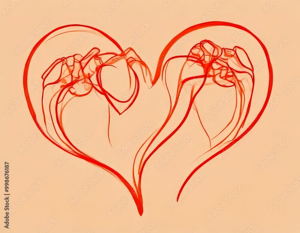 Poster two intertwined red lines forming a heart shape, with the left line slightly overlapping the right one, against a light peach background