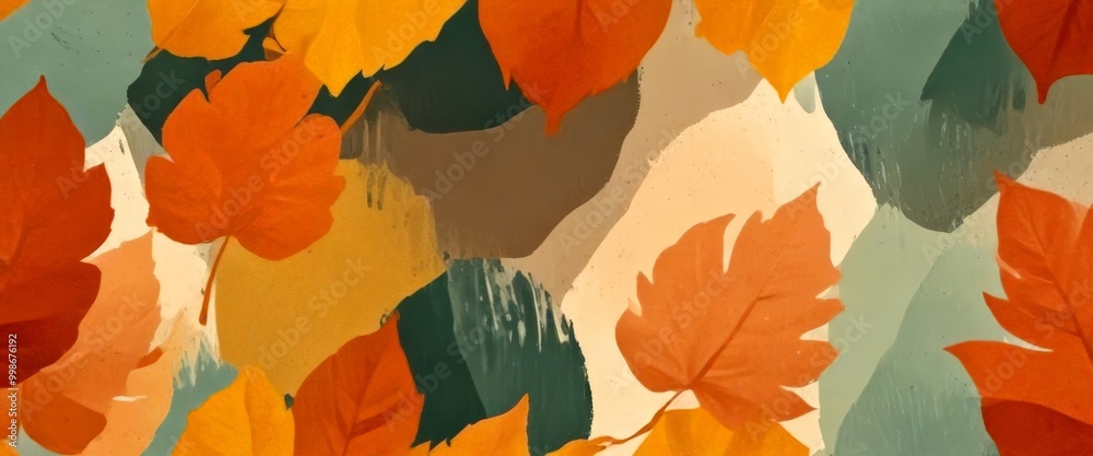 Poster a vibrant abstract pattern of autumn leaves in various shades of orange, yellow, and green, creating a dynamic and visually appealing composition