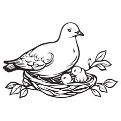 Elegant Bird with Baby Chicks in Nest Silhouette Vector Illustration, Mother bird feeding babies vector line art