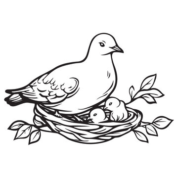 recommend clip art: Elegant Bird with Baby Chicks in Nest Silhouette Vector Illustration, Mother bird feeding babies vector line art
