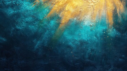 Fototapeta premium Abstract wall art with colorful textures and underwater-inspired teal and gold sunbeams, reminiscent of a starry night
