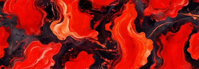 a striking abstract pattern with swirling red, orange, and black colors, creating a dynamic and energetic visual effect