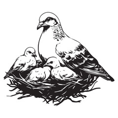 Elegant Bird with Baby Chicks in Nest Silhouette Vector Illustration, Mother bird feeding babies vector line art
