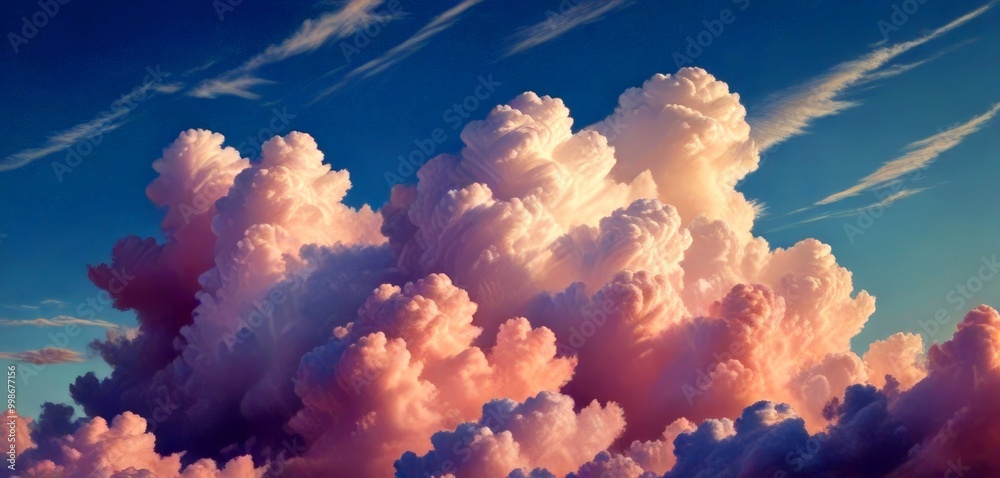 Poster a breathtaking view sky filled with fluffy, pink and white clouds, creating a serene and dreamy atmo