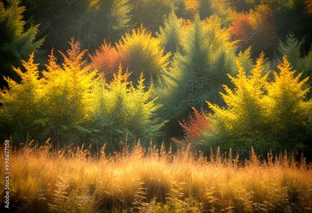 Poster a forest of coniferous trees in autumn colors, with a field of tall grass in the foreground