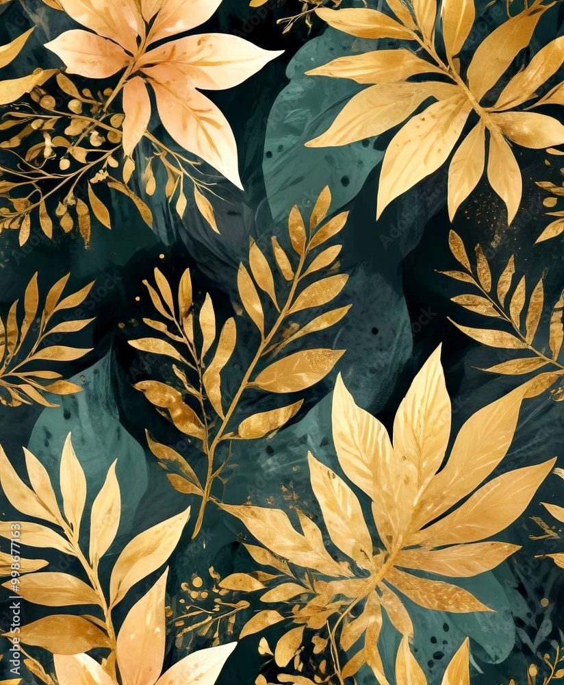 Aufkleber a repeating pattern of gold leaves and branches against a dark green background