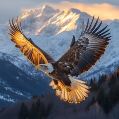 Fototapeta premium Majestic Eagle Soaring Over Snow Capped Mountain Range at Dawn