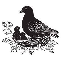 Elegant Bird with Baby Chicks in Nest Silhouette Vector Illustration, Mother bird feeding babies vector line art