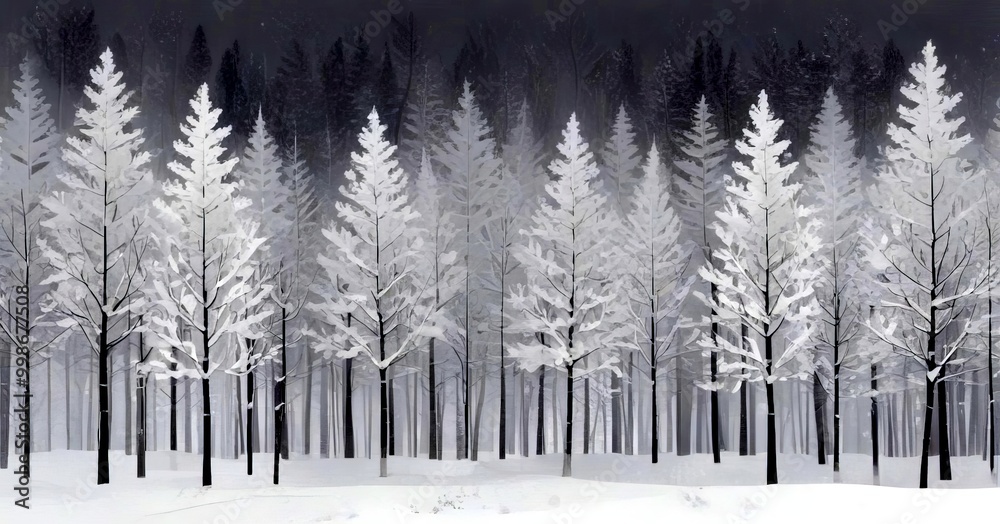 Poster a serene winter scene snow-covered forest, featuring tall trees with snow-dusted branches against a 