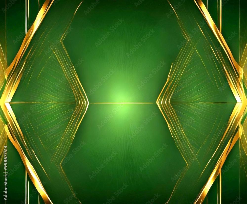 Poster a dark green background with a repeating pattern of gold lines and shapes, creating a symmetrical and visually striking design