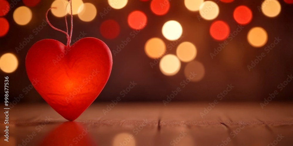 Poster a red heart-shaped candle with a string of lights is centered on a wooden surface, with a blurred ba