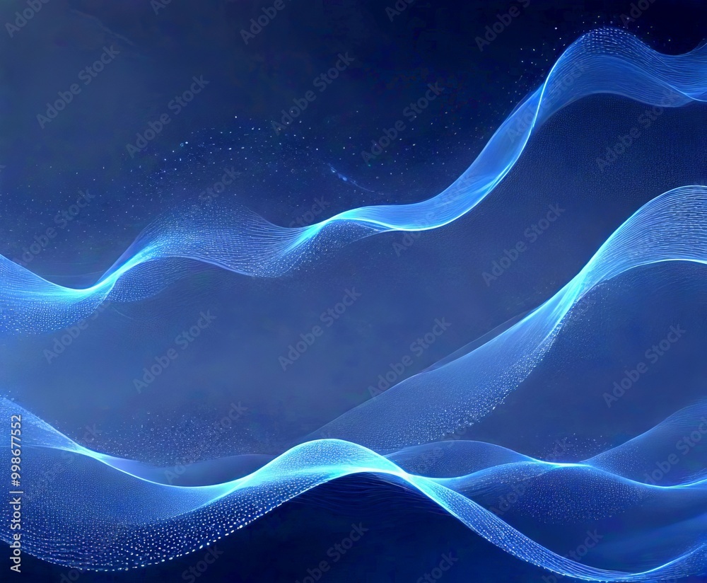 Poster a dark blue abstract background with a wave-like pattern of blue lines and dots, creating a sense of movement and energy
