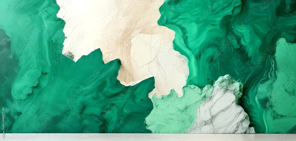 Poster a close-up view textured wall with a vibrant green and white color scheme, featuring a mix of marble