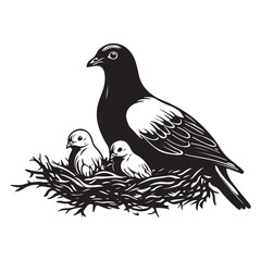 Elegant Bird with Baby Chicks in Nest Silhouette Vector Illustration, Mother bird feeding babies vector line art