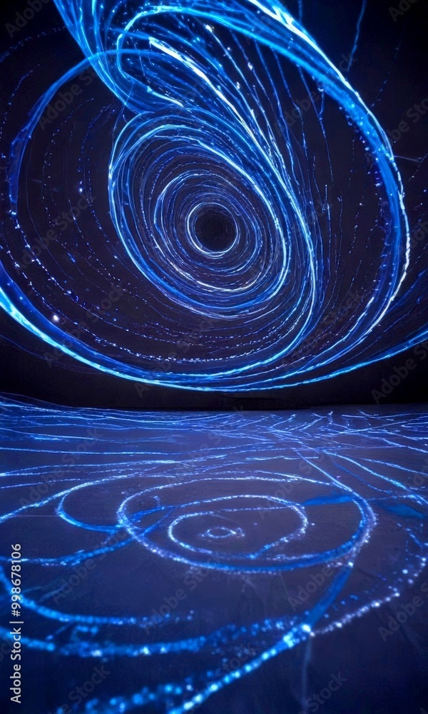 Poster a large, abstract, and dynamic installation featuring swirling, blue-hued lines and shapes against a dark background, creating a sense of movement and energy