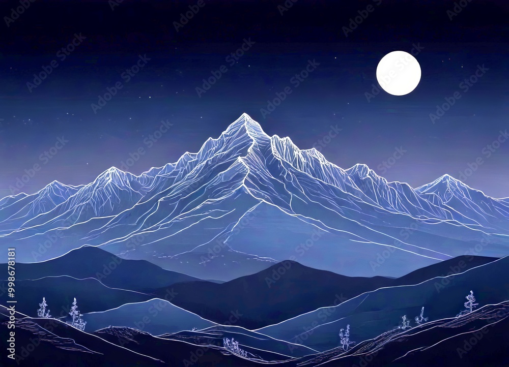 Poster a serene night scene with a full moon illuminating a mountain range, featuring a line drawing style