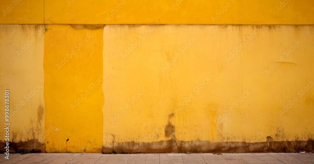 Poster A yellow wall with a vertical strip of paint, showing signs of wear and tear, with a small patch of dirt visible on the ground in front of it