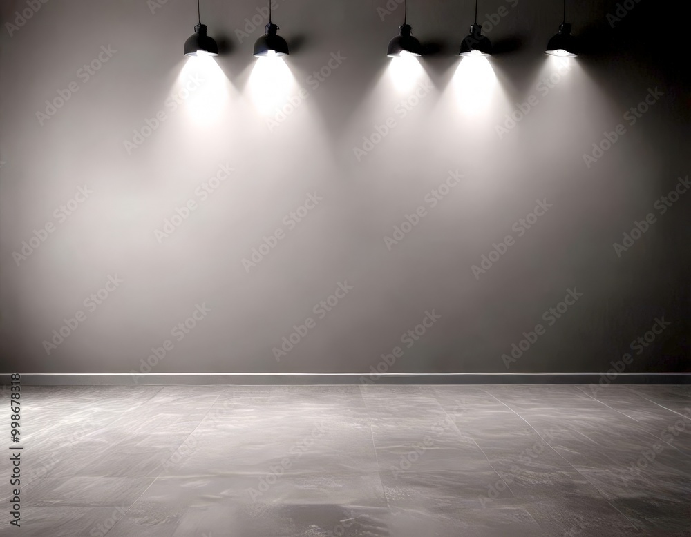 Aufkleber four black spotlights are evenly spaced on a gray wall, casting a uniform glow across the empty room