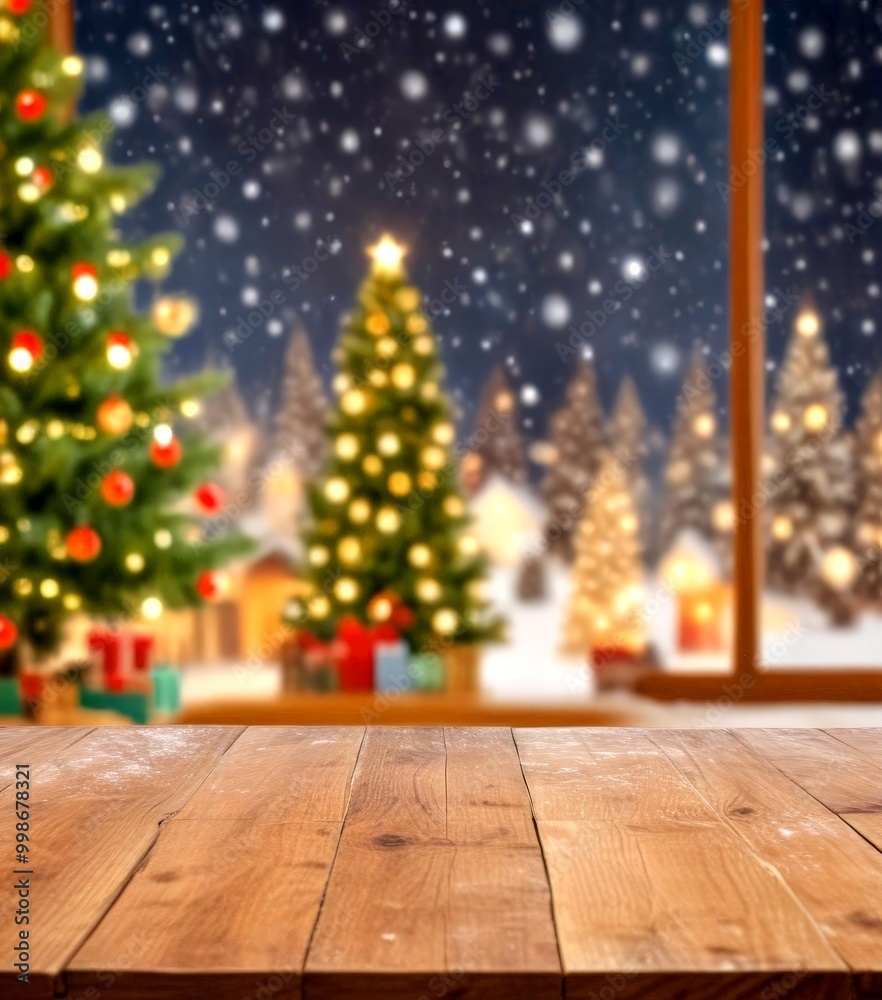 Poster a blurred christmas scene with a glowing star on a tree, a snowy landscape, and a window with a view