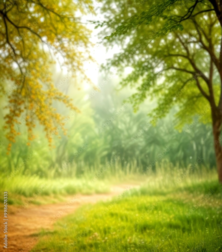 Poster a tranquil forest path, lined with trees and lush greenery, leads the viewer's eye deeper into the s