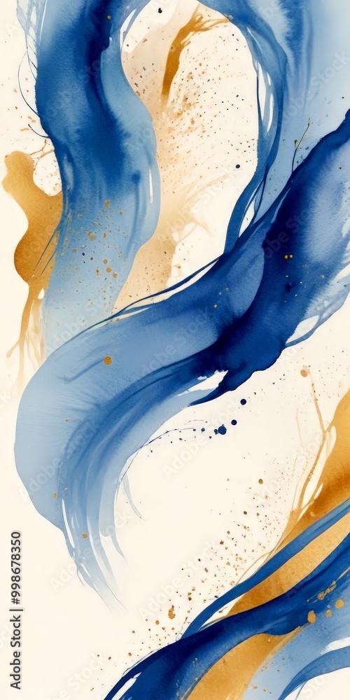Aufkleber an abstract painting with blue and gold brushstrokes, creating a dynamic and fluid composition