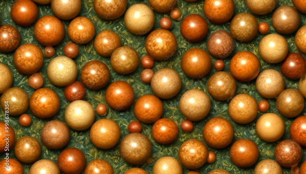 Poster a close-up of numerous wooden spheres of various shades of brown arranged in a grid-like pattern on 