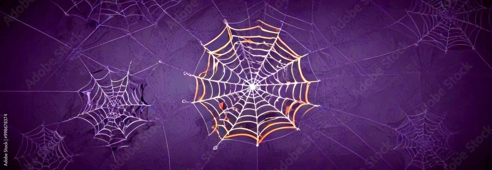 Poster A close-up view spider web with intricate patterns against a dark purple background
