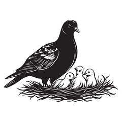 Elegant Bird with Baby Chicks in Nest Silhouette Vector Illustration, Mother bird feeding babies vector line art
