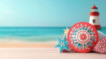 Colorful coastal decorations with a lighthouse background by the beach.