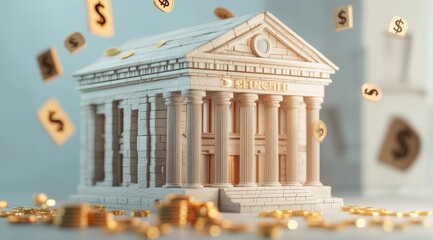 Fototapeta premium A miniature bank building with gold coins and dollar signs surrounding it.