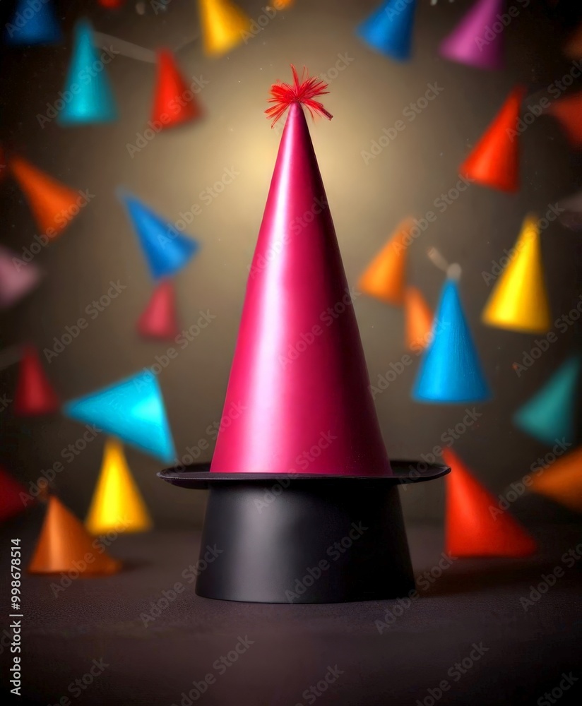 Poster a pink party hat with a red pompom sits atop a black hat, surrounded by a vibrant array of colorful 