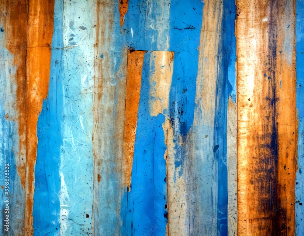 Poster a close-up view textured surface with vertical wooden planks in various shades of blue and brown, creating a sense of depth and dimension