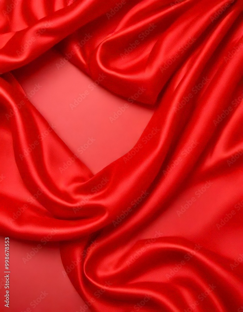 Poster a close-up view red satin fabric, with the fabric appearing to be flowing and draped in a way that creates a sense of movement and elegance