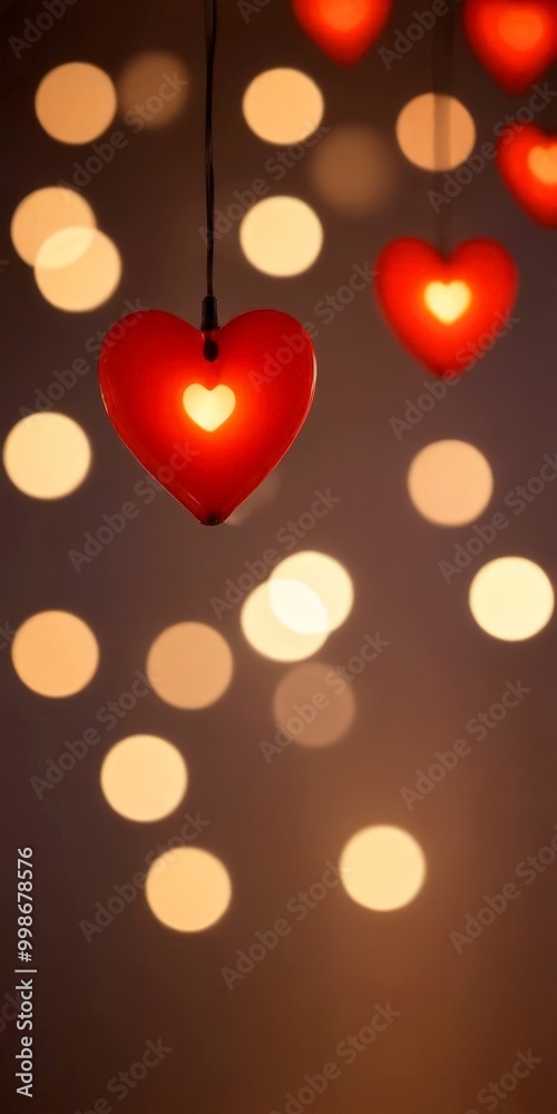 Poster red heart-shaped lights with glowing centers are suspended against a dark background, creating a war