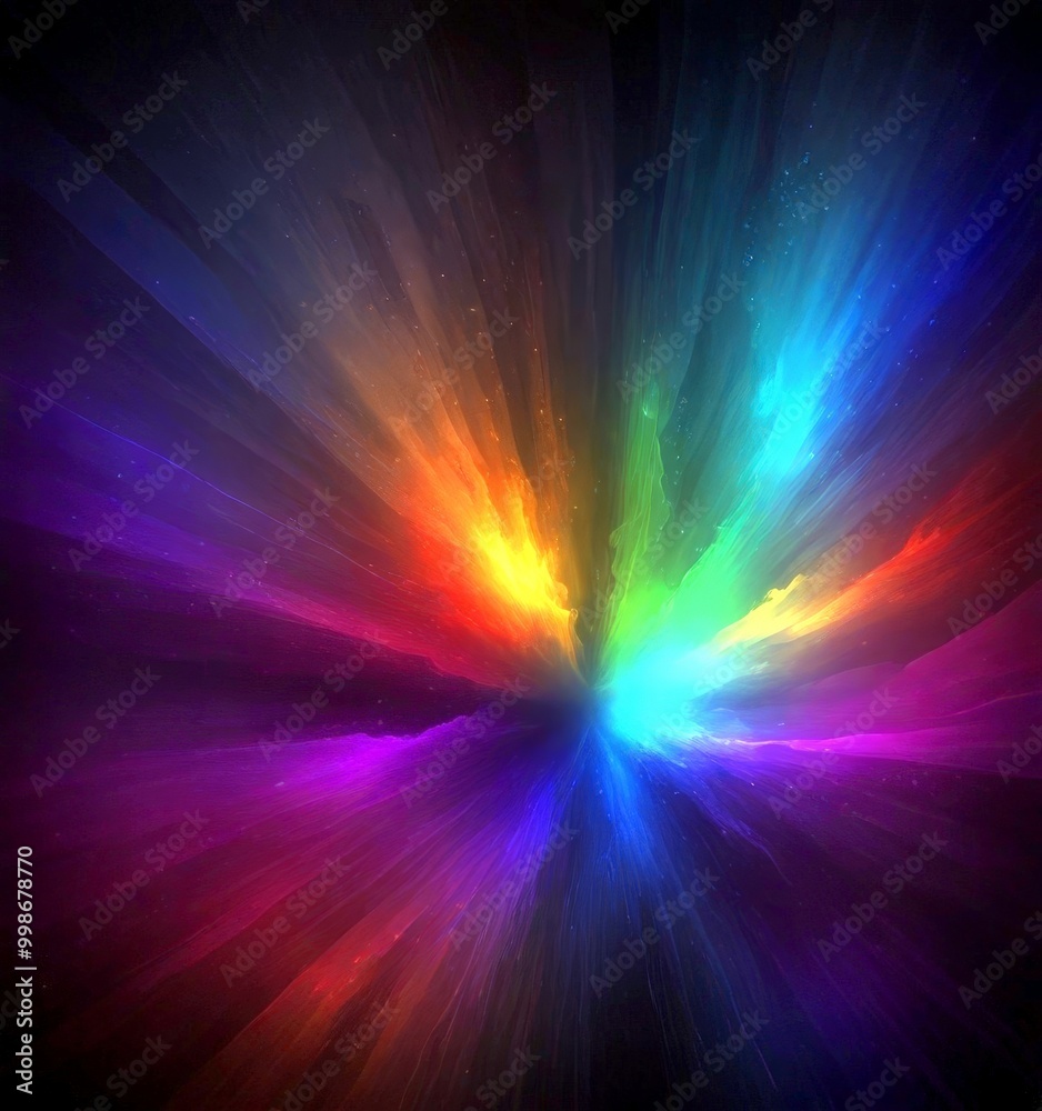 Poster a vibrant, abstract representation rainbow, with a gradient of colors radiating outwards from a central point The colors are vivid and intense, creating a sense of depth
