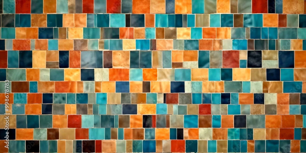 Poster a close-up view wall covered in square tiles in various shades of blue, green, orange, and brown, ar