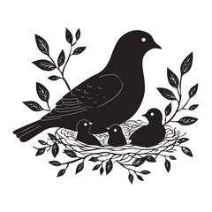 Elegant Bird with Baby Chicks in Nest Silhouette Vector Illustration, Mother bird feeding babies vector line art © Sadia