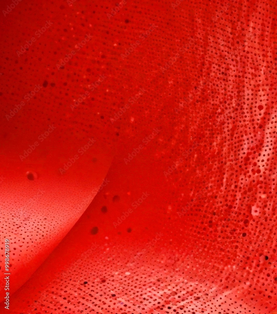 Poster a close-up view red fabric with a textured surface, featuring a pattern of small holes or dots that create a sense of depth and dimensionality