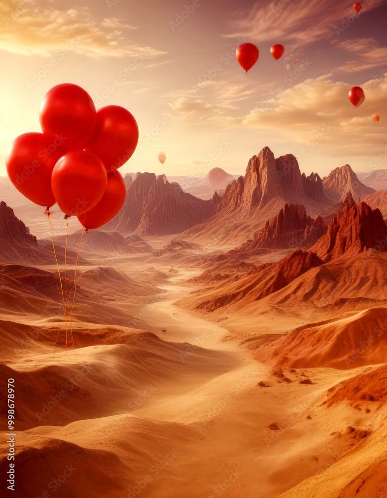 Poster Red balloons float over a desert landscape with mountains in the background