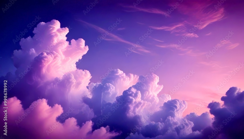 Poster a breathtaking view sky filled with fluffy white clouds, transitioning from a deep purple to a light