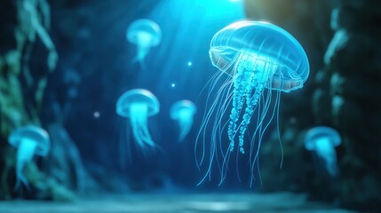 Obraz premium Ethereal Jellyfish Swimming in Deep Blue Ocean Waters
