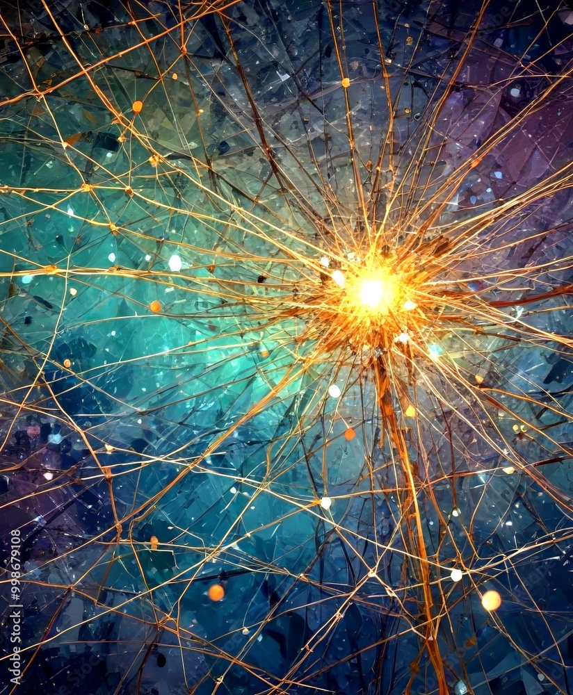 Fototapete a complex network of interconnected lines and dots, resembling a starburst or a burst of light, set against a dark background