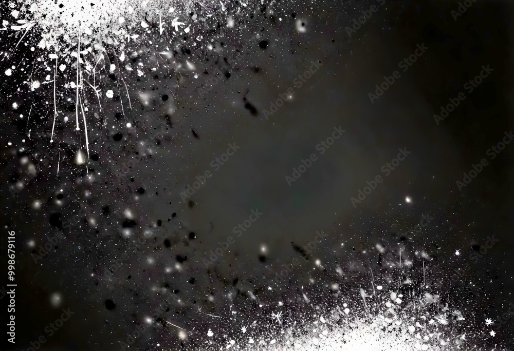 Poster a black and white abstract featuring a central dark area surrounded by scattered white and gray part