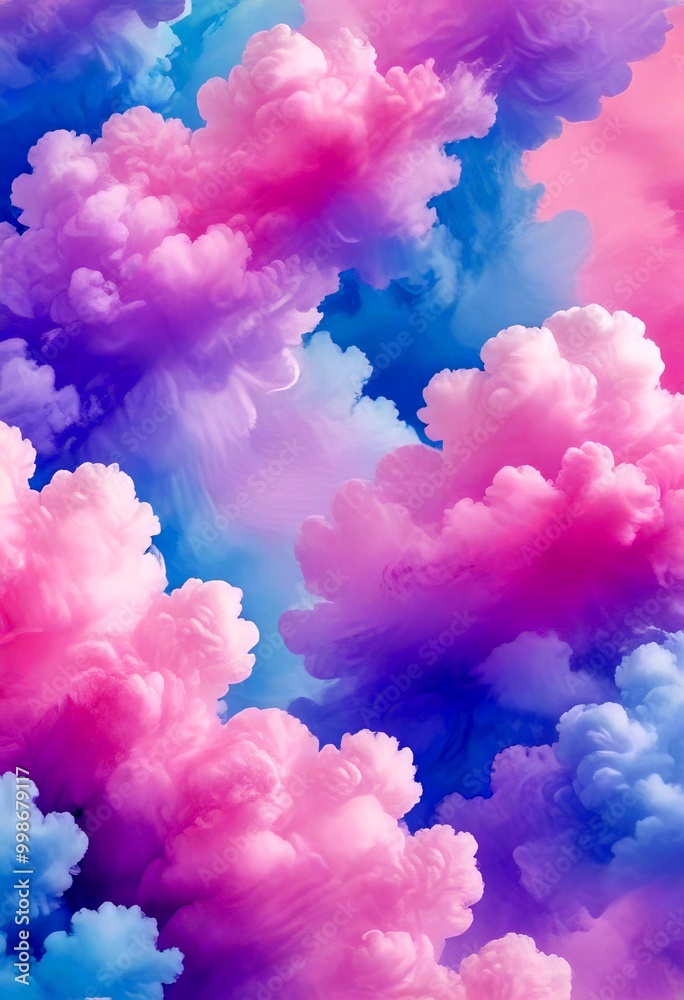 Poster a vibrant and dreamy sky filled with fluffy, pink and blue clouds, creating a visually captivating a