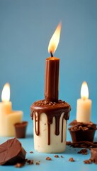 A chocolate-dipped cupcake with a lit candle sits on a blue background, surrounded by additional chocolate pieces