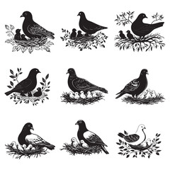 Elegant Bird with Baby Chicks in Nest Silhouette Vector set Illustration, Mother bird feeding babies vector line art