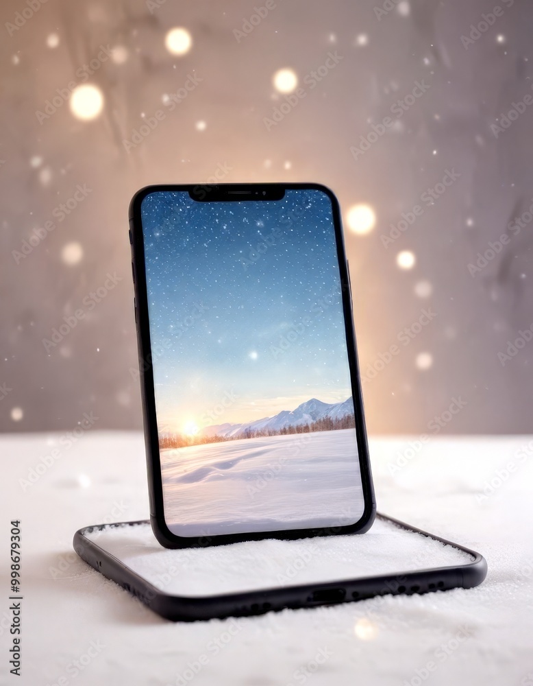 Poster a smartphone with a snowy landscape displayed on its screen, set against a blurred background of fal