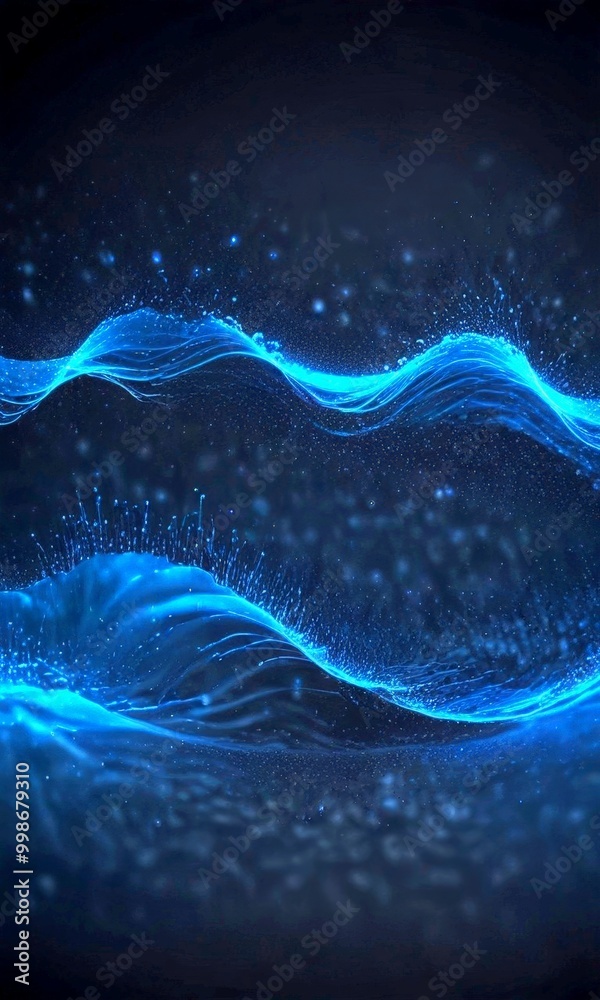 Fototapete a digital art piece featuring a wave-like pattern of blue and white lines and particles, creating a sense of movement and energy