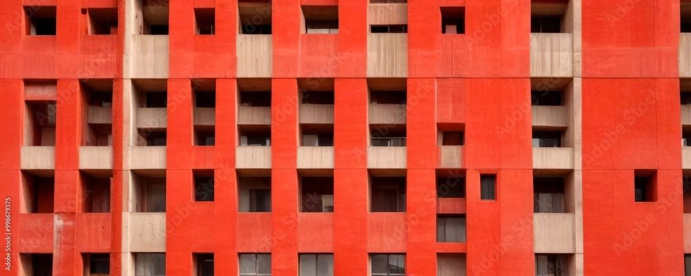 Poster a close-up view red and gray multi-story building with a grid-like pattern of windows
