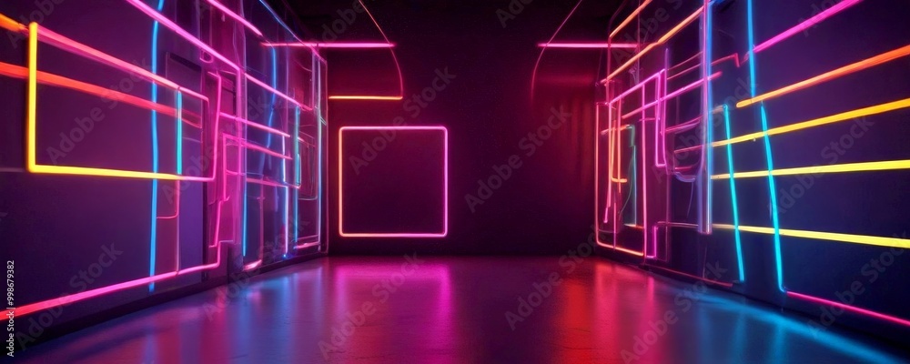 Poster A long, dimly lit corridor with neon-colored pipes and a rectangular frame on the left side, creating a futuristic and abstract atmosphere